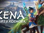 Alt text: Kena stands beside a large mystical fox-like spirit with glowing blue markings and green fur on a cliff overlooking a vast mountainous landscape. She holds a crystal-tipped staff glowing with green energy as ancient ruins rise in the distance beneath a dramatic sky. The title “Kena: Scars of Kosmora” appears prominently on the left side of the image.