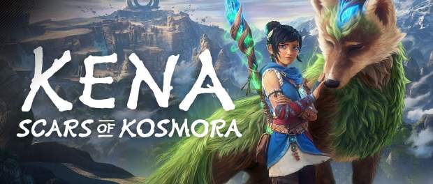Alt text: Kena stands beside a large mystical fox-like spirit with glowing blue markings and green fur on a cliff overlooking a vast mountainous landscape. She holds a crystal-tipped staff glowing with green energy as ancient ruins rise in the distance beneath a dramatic sky. The title “Kena: Scars of Kosmora” appears prominently on the left side of the image.