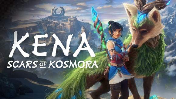 Alt text: Kena stands beside a large mystical fox-like spirit with glowing blue markings and green fur on a cliff overlooking a vast mountainous landscape. She holds a crystal-tipped staff glowing with green energy as ancient ruins rise in the distance beneath a dramatic sky. The title “Kena: Scars of Kosmora” appears prominently on the left side of the image.